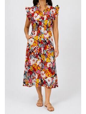 Gracia Women's Floral Tropical Ruffled Button Front Shirt Lined Dress Size S